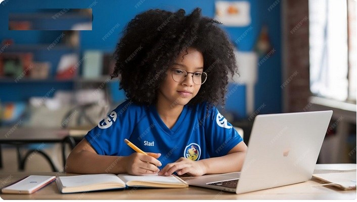 Student using a healthcare study device in a focused learning setting